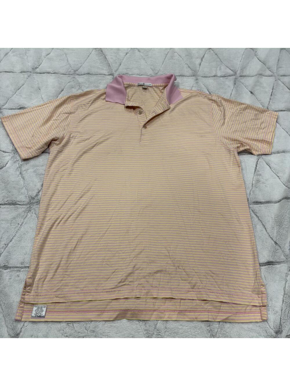 Peter Millar Golf Men's Large Cotton Polo Shirt Pink Yellow Striped Comfortable